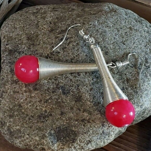 Avant Garde Magenta Malaysia Jade Silver Plated New Wave Dangle Earrings - Picture 4 of 7